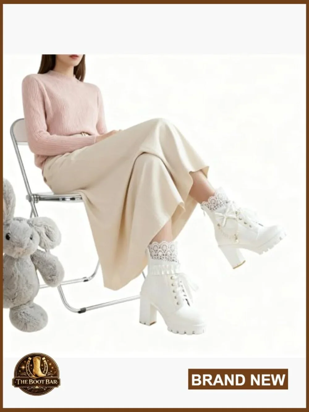 Platform Ankle Boots Chunky Heel Lace Pearl Chain Bow Goth Combat